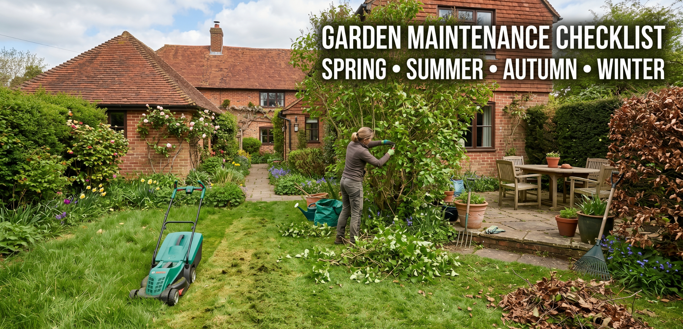 garden scene in a UK home showing seasonal garden maintenance
