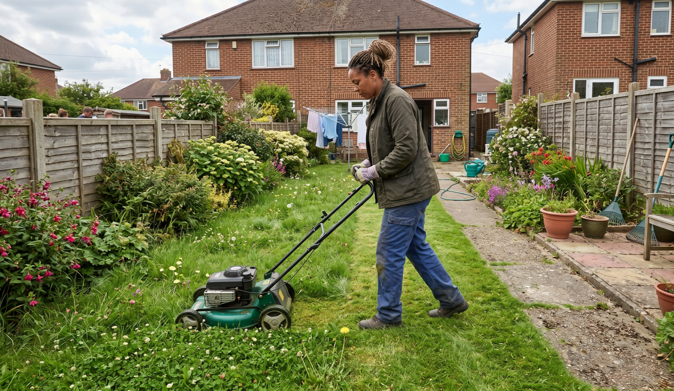 a person mowing a lawn in a UK residential garden