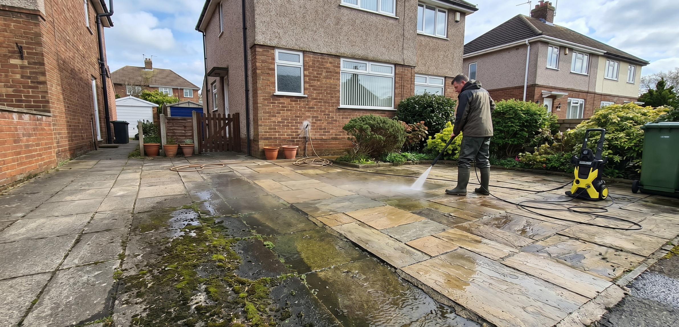 a pressure washing technician cleaning paving slabs