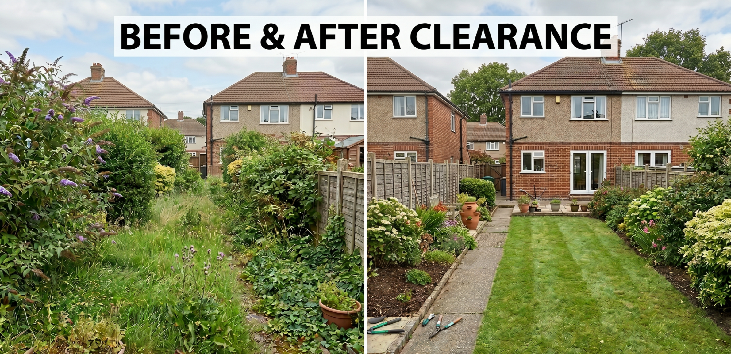 before-and-after of an overgrown garden in a UK residential property