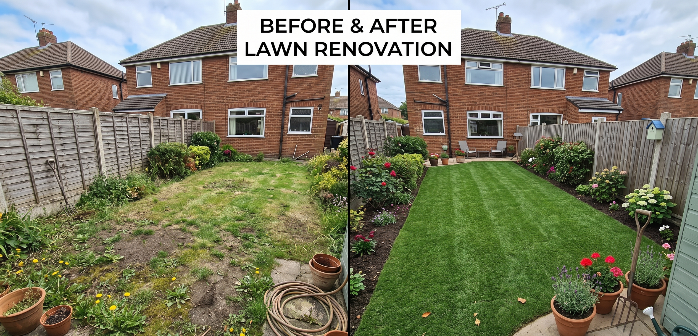 before-and-after of a patchy lawn