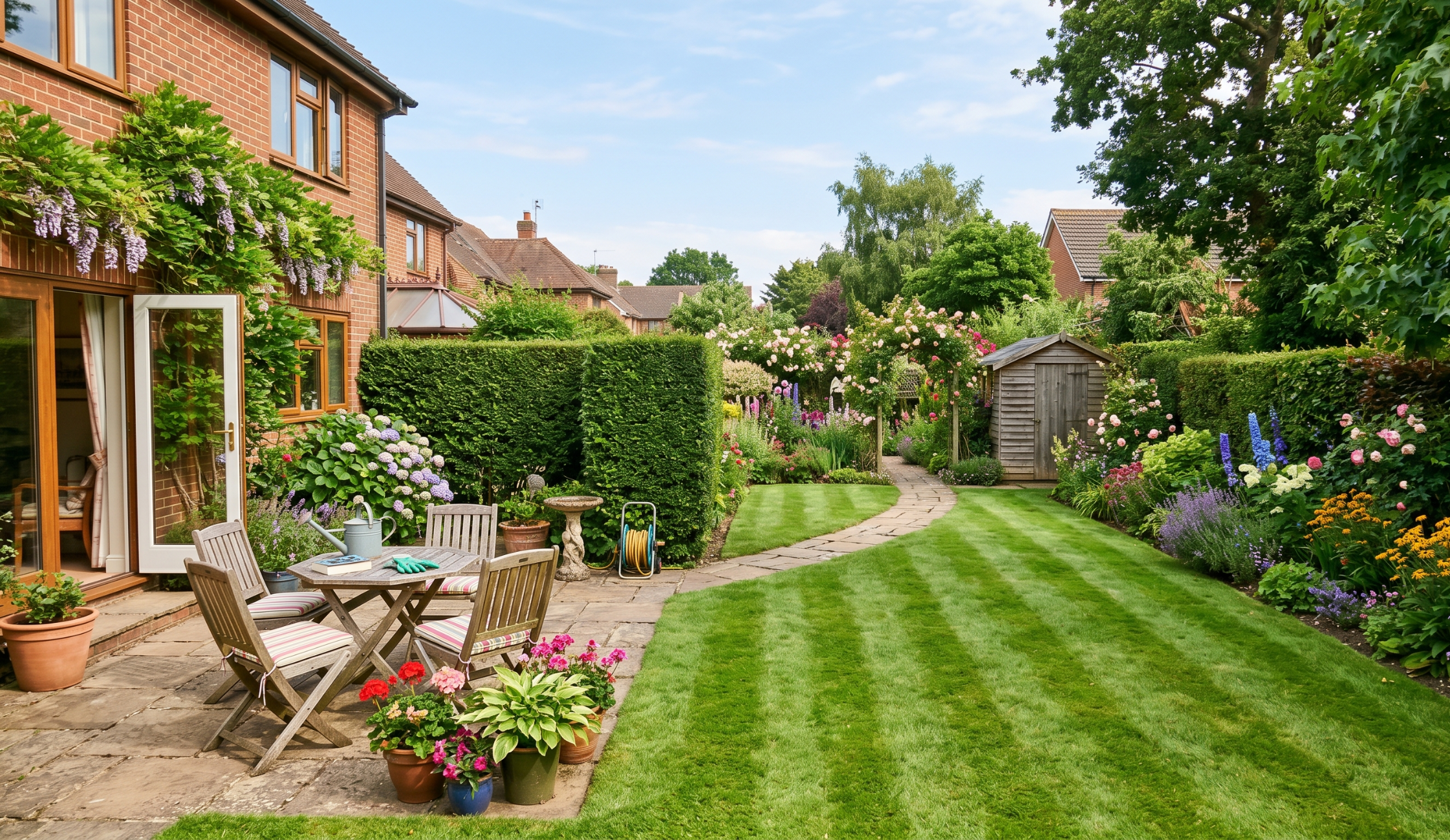 summer garden in a UK home, showing a well-prepared outdoor space with freshly cut green lawn, trimmed hedges, and a clean patio.