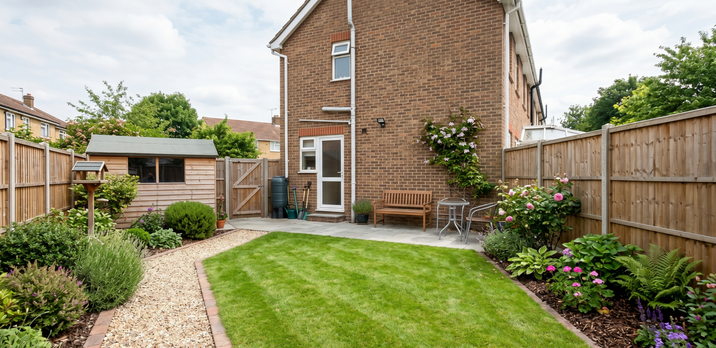 small garden in a UK home, showing a clean, tidy, and well-maintained outdoor space.